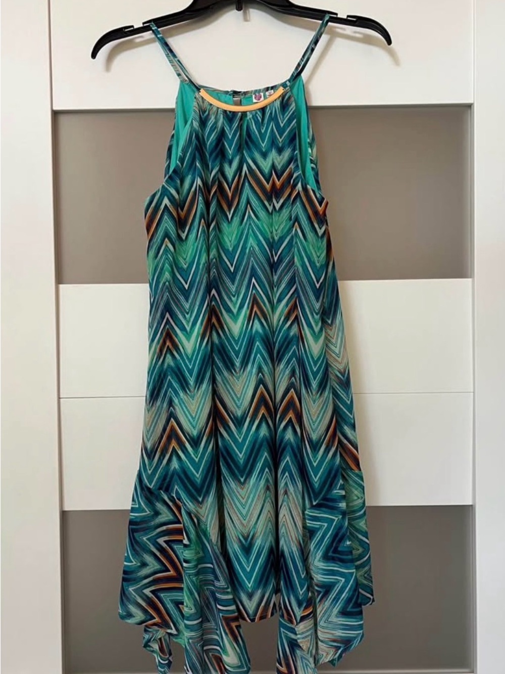 AUW Teal, Navy and Green Asymmetrical Handkerchief-Hem Dress